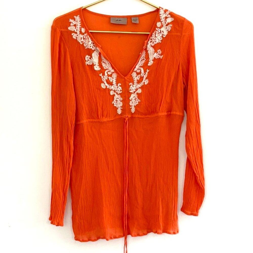 i.e. 100% silk orange long sleeves boho top size L